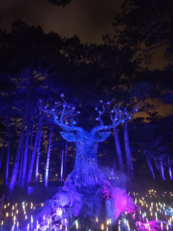 Illuminated forest sculptures glow in purple, blue, and white at night