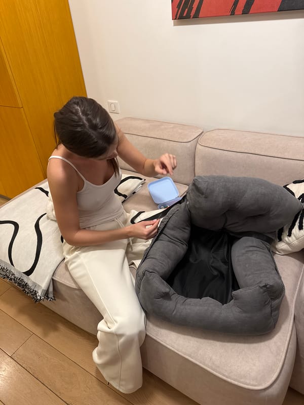 Woman and Pomeranian dog share quiet evening in Warsaw apartment