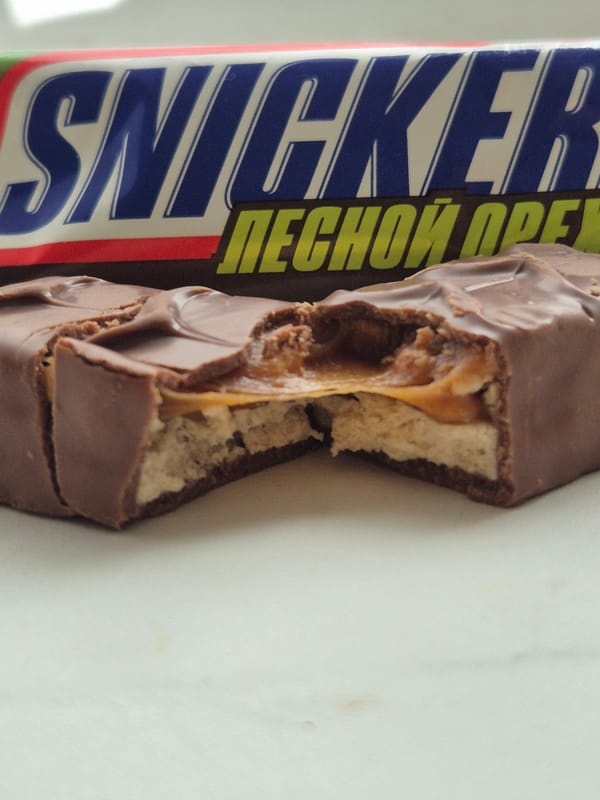 Broken Snickers bar photographed in Kokshetau, Kazakhstan