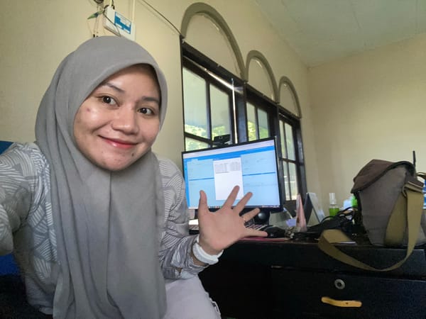 Selfie series split between office desk and sunny Banjarbaru street
