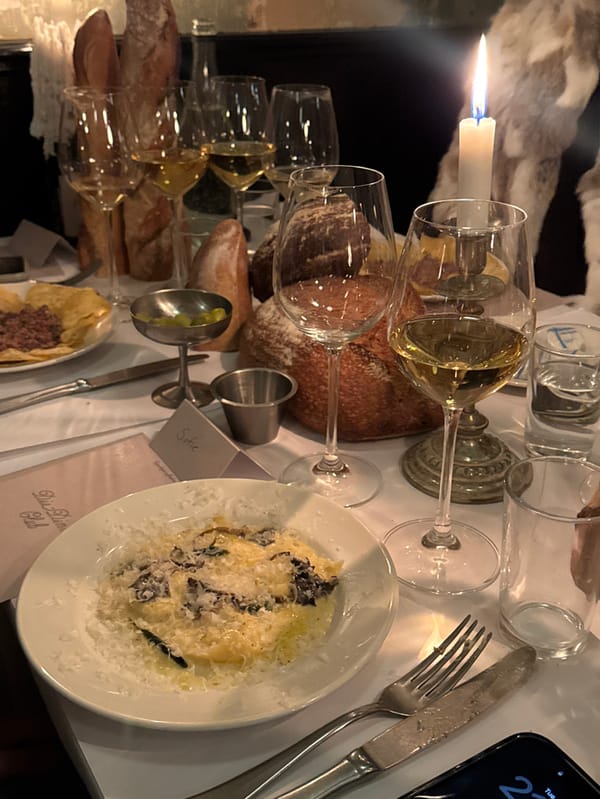 Multi-course restaurant dinner documented from appetizers through dessert