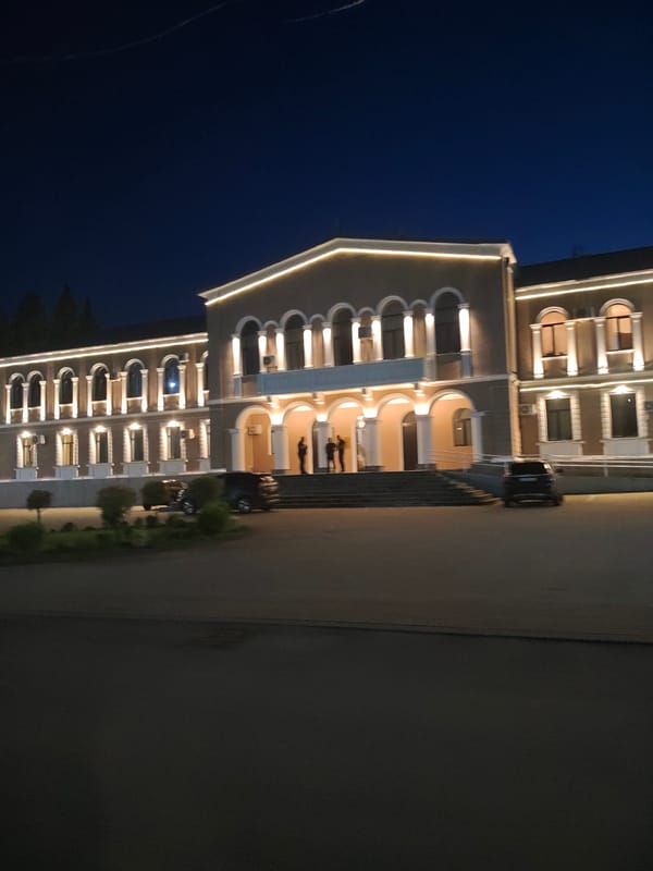 Terjola town center at night, church and civic building lit up