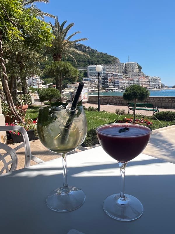 Cocktails photographed at scenic Bečići Montenegro overlook
