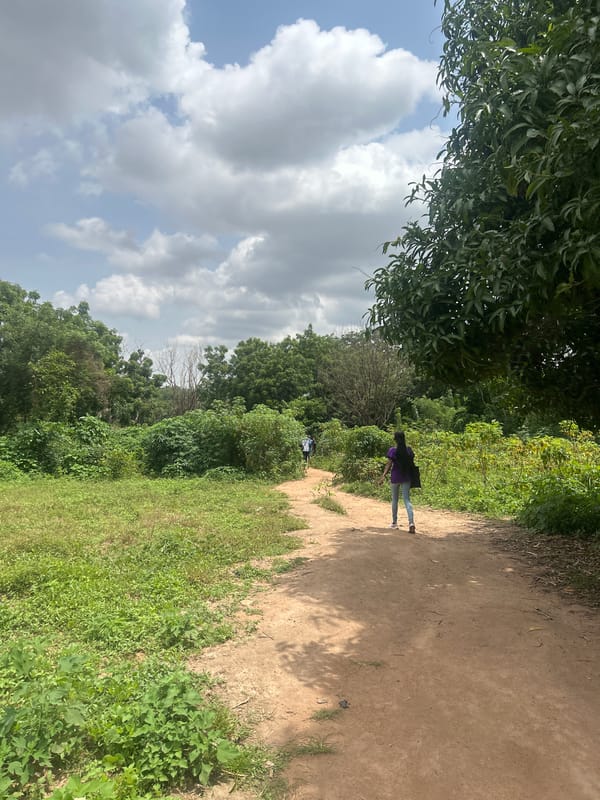 Dirt paths and institutional buildings in Ogbomosho, Nigeria