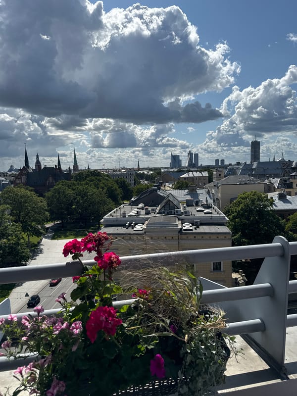 Balcony views over Riga on a cloudy summer afternoon
