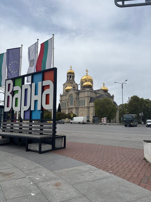 Decorative Varna city sign with flags observed in Bulgaria