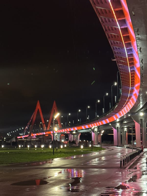 Millennium Bridge in Kazan displays colorful nighttime illumination