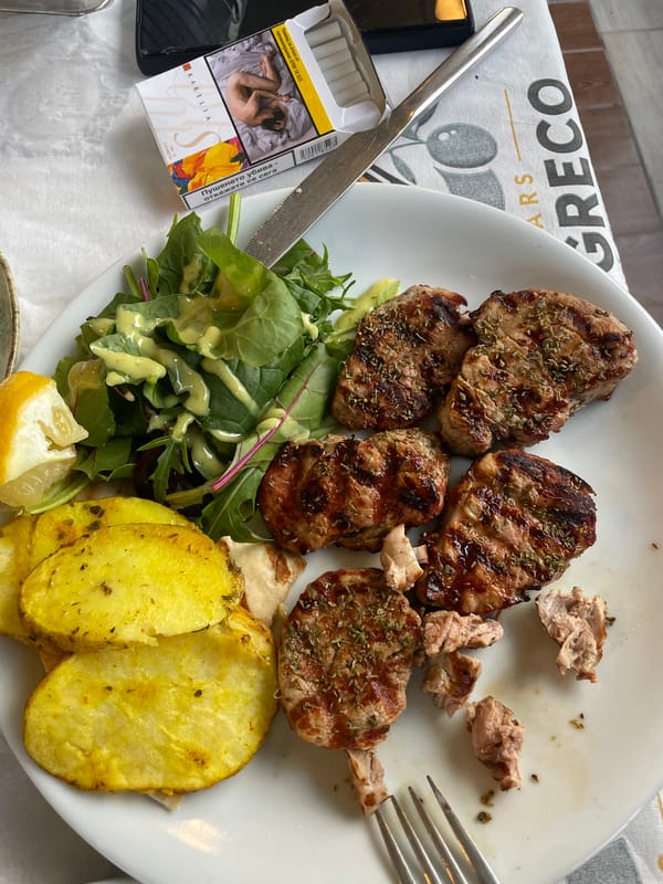 Mediterranean meal documented at Nea Vrasna restaurant June 2026