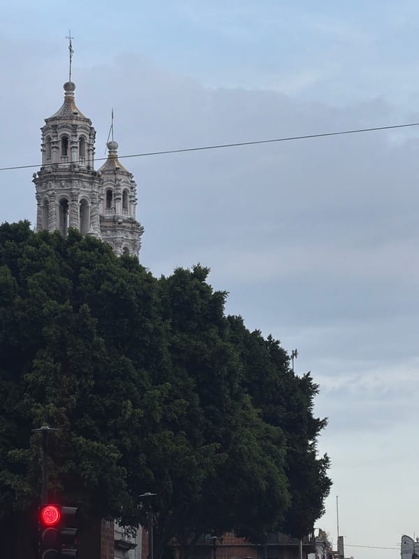Ornate church towers photographed in Puebla, Mexico
