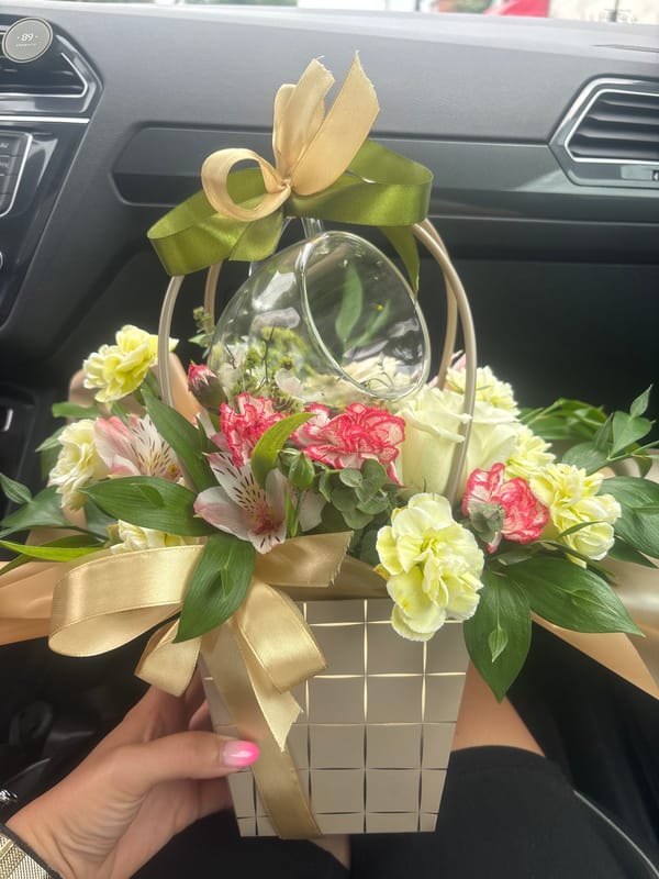 Decorated floral gift basket with gold ribbon, Burgas