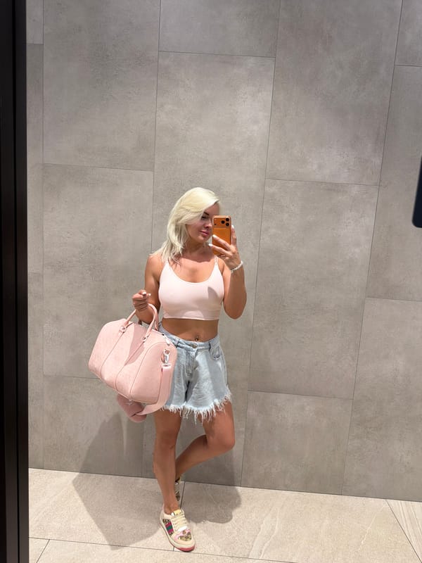 Woman's fitness shopping trip documented at retail complex