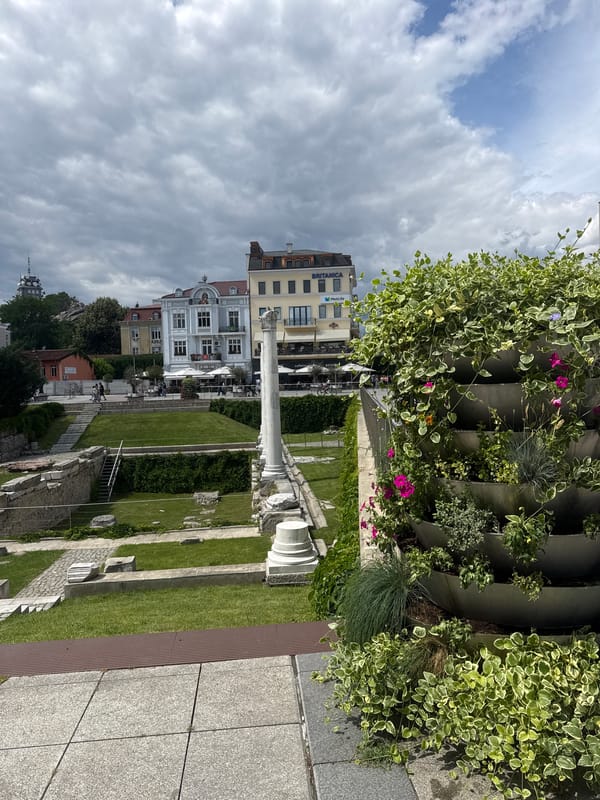 Tourist visits Roman Stadium ruins in Plovdiv, Bulgaria