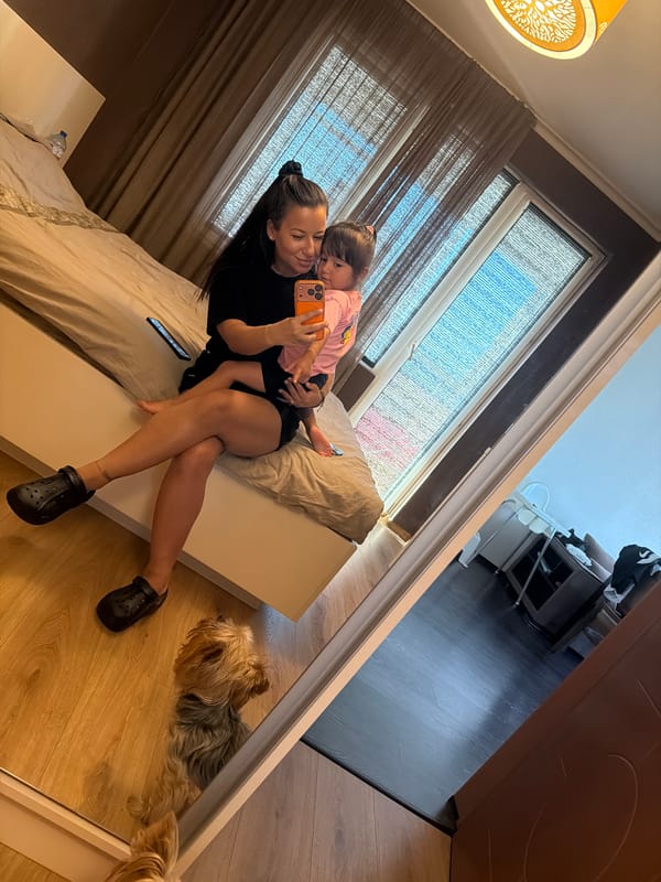 Bedroom mirror selfies with a child and a dog, Burgas