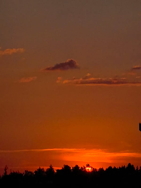 Sunset over a small town, water towers and all