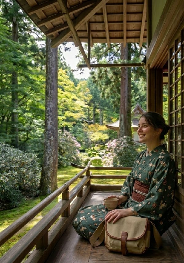 Woman in green kimono visits multiple Kyoto temple locations