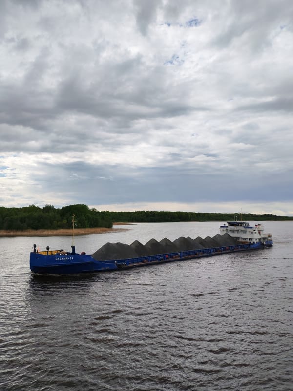 Barges spotted on river in Vytegra, Russia