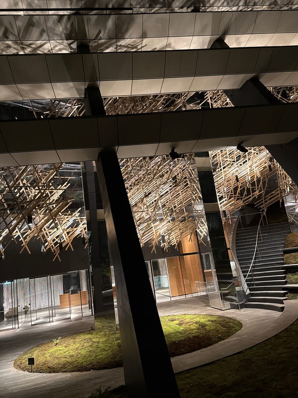 Nighttime architectural documentation captured in Vancouver building complex