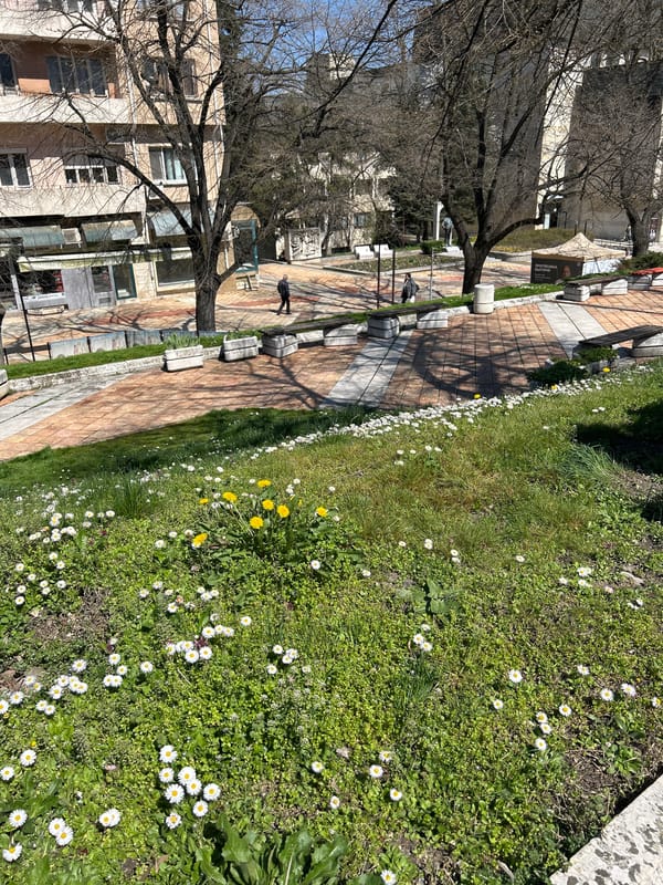 Spring morning pedestrian activity observed in Shumen, Bulgaria