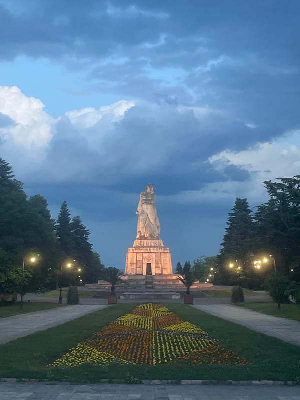 Bulgarian-Soviet Friendship Monument illuminated at dusk in Varna