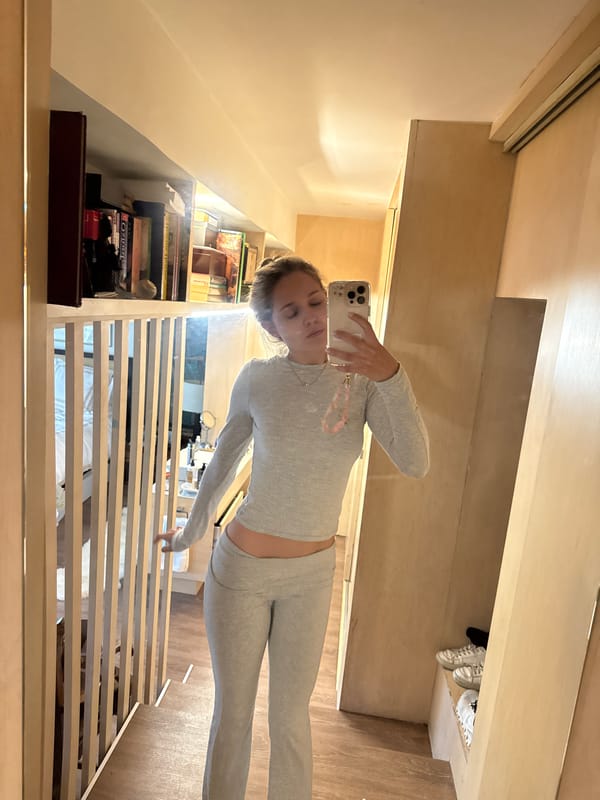 Mirror selfie series in a Mexico City apartment, gray matching set