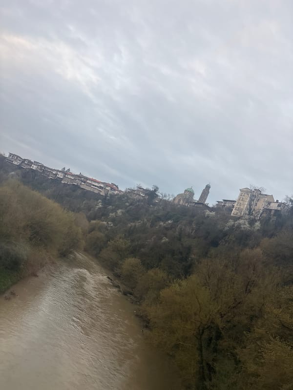 Muddy Yantra River flows through Veliko Tarnovo in early spring