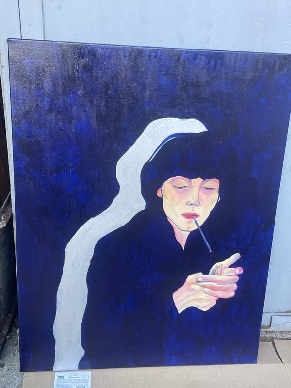Artistic painting of floating figure with cigarette documented in Yerevan
