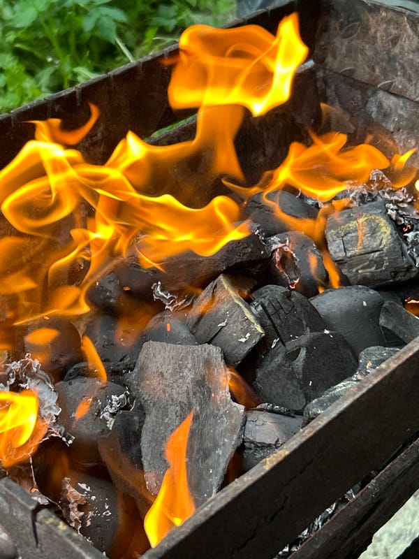 Afternoon barbecue session documented in Tallinn with burning charcoal