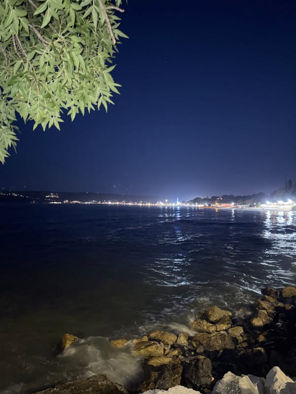 Nighttime rocky shoreline along the Varna coast, Bulgaria