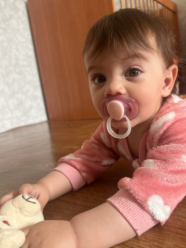 Baby with stuffed toy observed on wooden floor in Elena