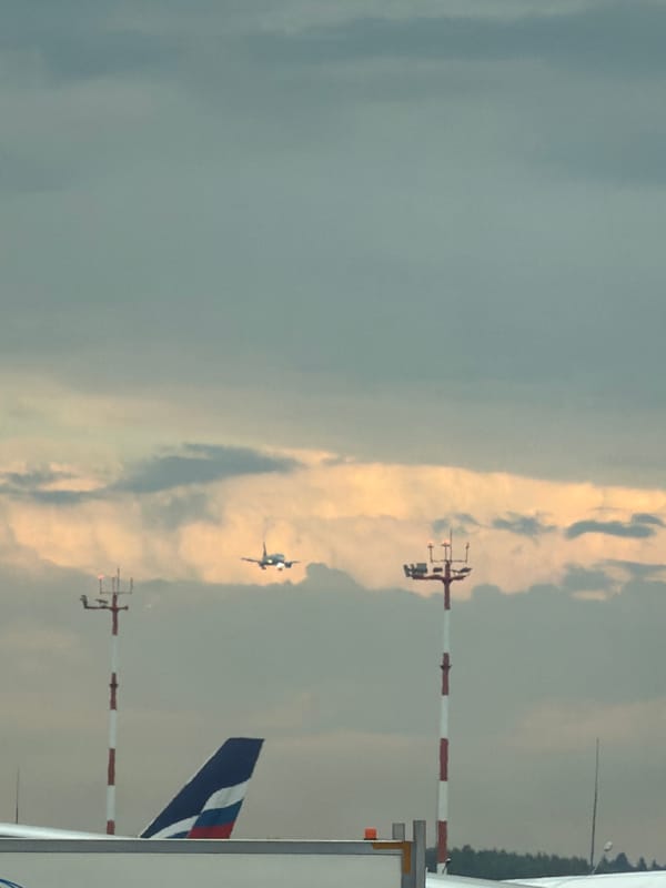 Afternoon at Sheremetyevo: terminal interiors and planes on a cloudy day