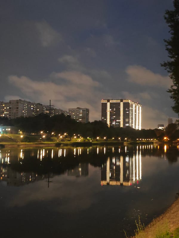 Moscow waterways reflect the city skyline, day and night