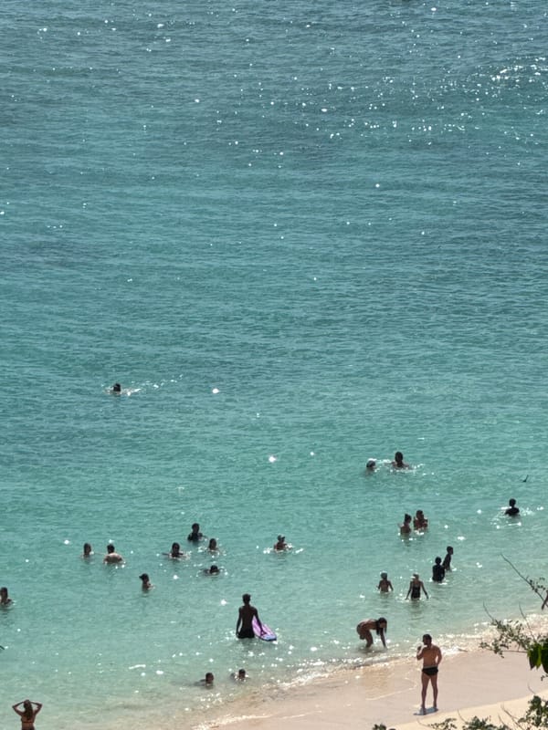 Crowded beach day at Kuta Selatan, surf lessons and all