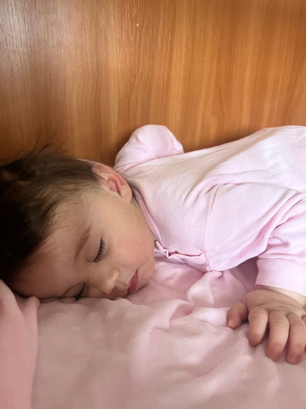 Sleeping baby in pink outfit captured in Elena, Bulgaria