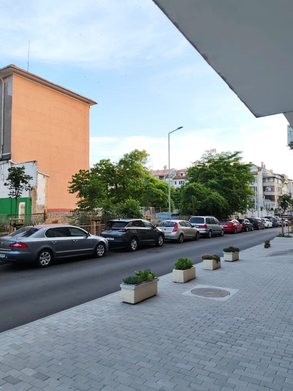 Street scene documented in Burgas, Bulgaria shows parked cars