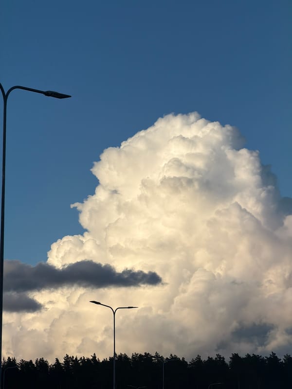 Sunlit cumulus clouds tower over silhouetted Riga streetlights