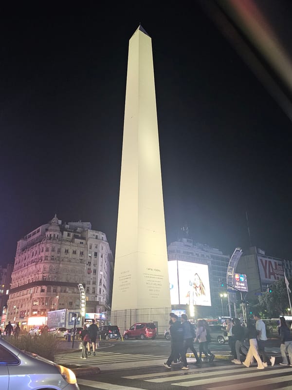 Buenos Aires landmarks illuminated at night, April 2026