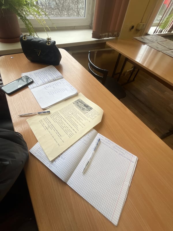Classroom desk scene captured in Saint Petersburg