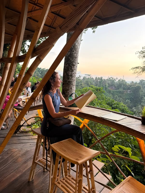 Evening scenes captured at Ubud cafes and rice terraces
