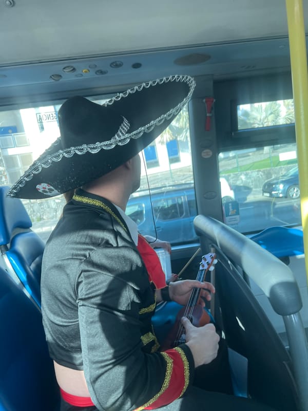 Mariachi musician plays ukulele on public bus in Spain