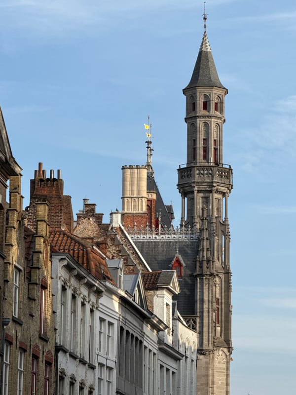 Looking up at Bruges' historic rooflines and wooden facades