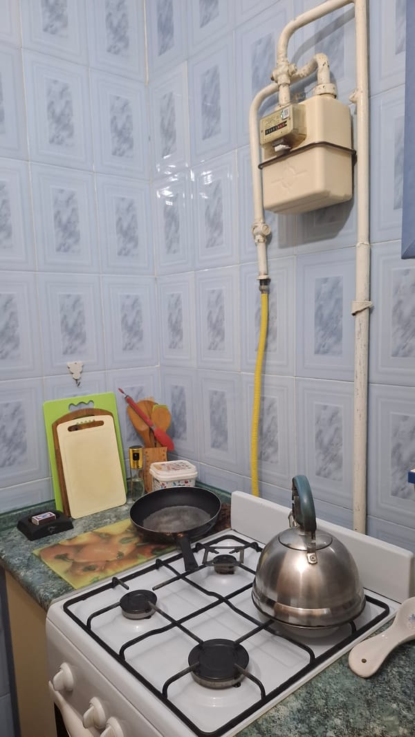 Everyday kitchen scene in a Shymkent home, evening.