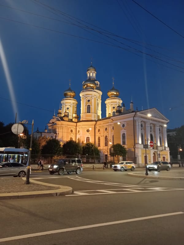 Evening stroll along Nevsky Prospekt, roses and lit facades