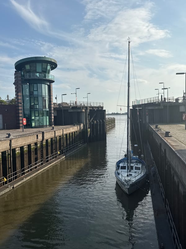 Wide-angle aerial view of a modern urban lock chamber