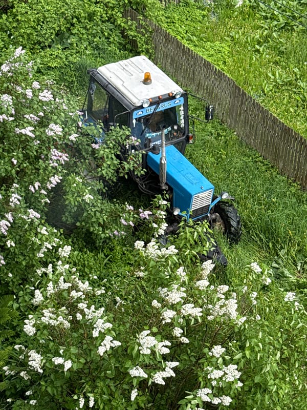 Woman photographs herself near tractor in rural Russia
