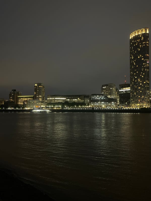 London skyline photographed across Thames at night