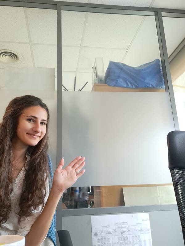 Woman documents office workday with food and selfies in Sofia