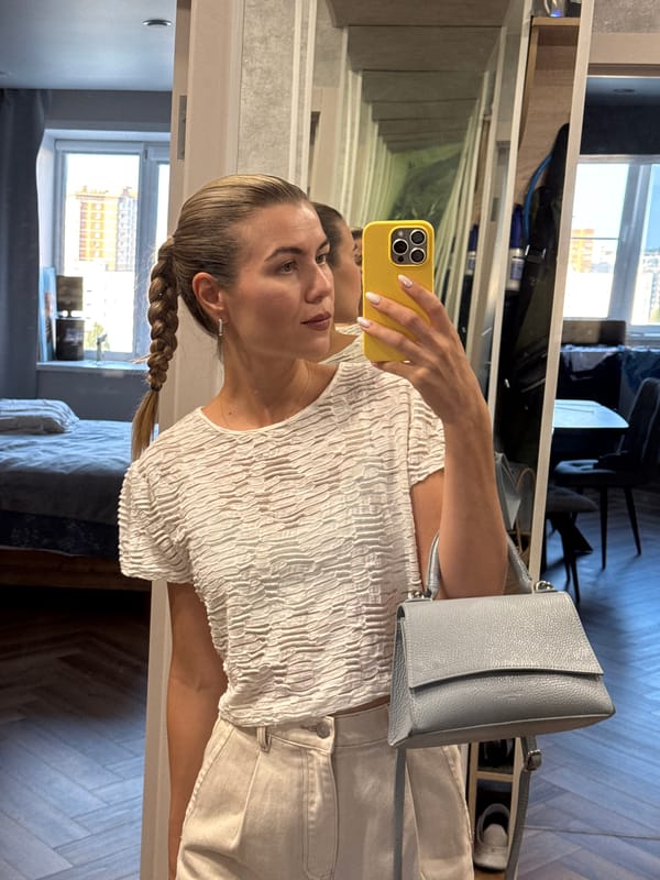 Mirror selfie session at home, white lace outfit and braided hair