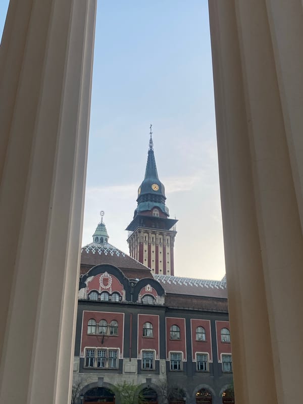 Street musicians perform near Subotica City Hall