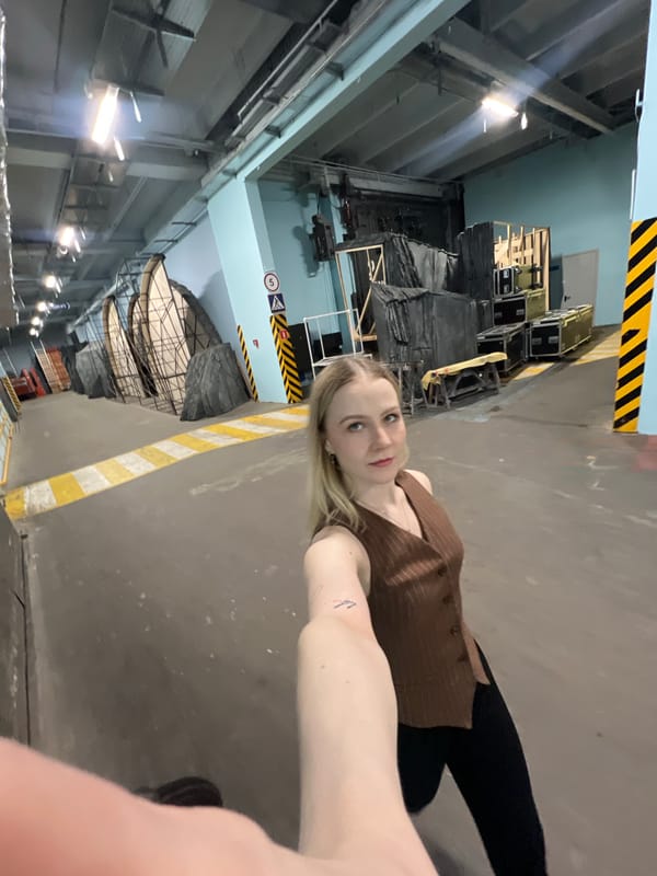 Woman takes selfie in industrial space in Khimki