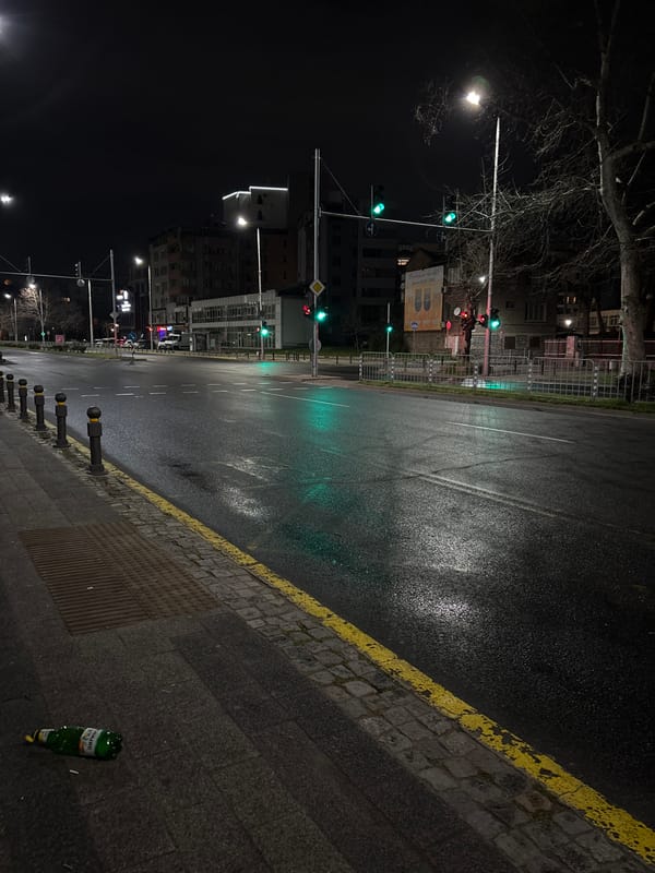 Wet night street scene captured in Plovdiv Bulgaria